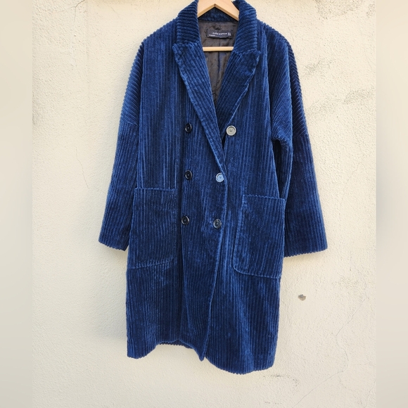 ZARA Blue Wide Wale Corduroy Double Breasted Coat - Picture 2 of 9